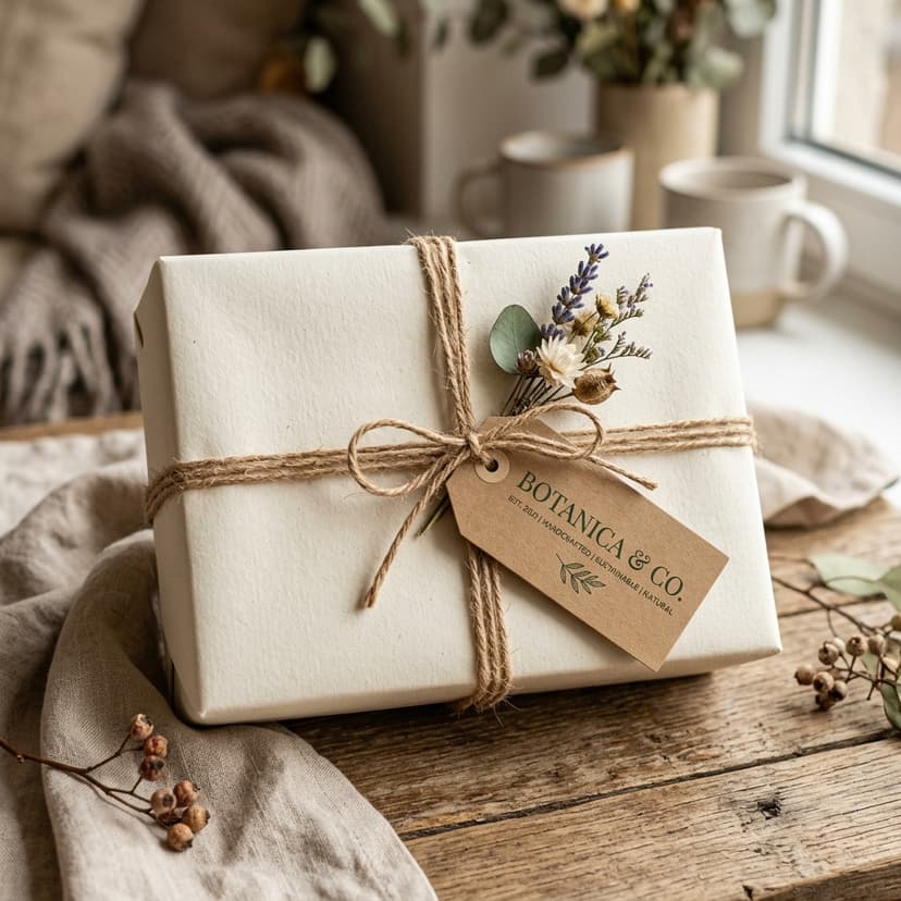 Boutique gift packaging with dried lavender, handwritten card, and twine